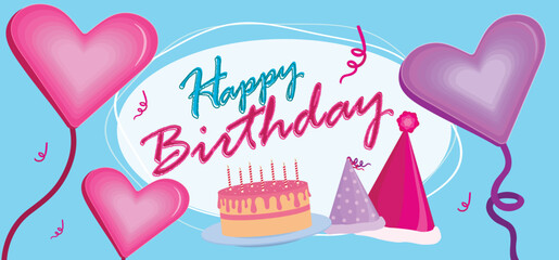 Bright greeting card for Happy Birthday on blue background