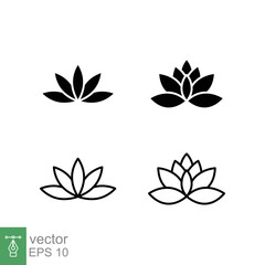 Lotus plant icon set. Simple solid and outline style. Harmony symbol, relax spa flower, petal, leaf, bloom, nature concept. Glyph and line vector illustration isolated on white background. EPS 10.