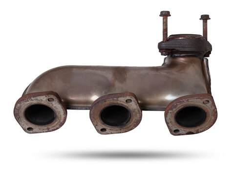A automotive exhaust manifold isolated on white. Exhaust manifold car stock pictures, royalty-free photos, images.
