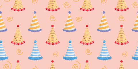 Colorful party hats on pink background
