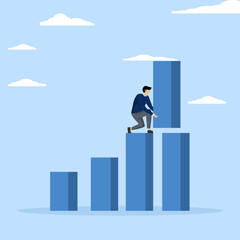 Concept Increase investment profit, GDP increase or growing business performance concept, successful businessman standing on a bar graph piling a large amount of profit over a bar graph.