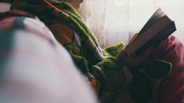 Woman is busy reading a book while sitting on a cozy sofa at home. A young woman in homely casual clothes reads in a cozy atmosphere in natural daylight from the window. Lifestyle, leisure, education
