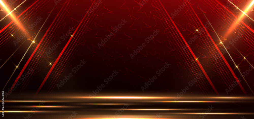 Poster elegant golden scene diagonal glowing with lighting effect sparkle on red background. template premi