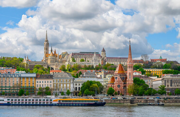 Panoramic view of Buda side of Budapest, Hungary with the Buda Castle, St. Matthias and Fishermen's...