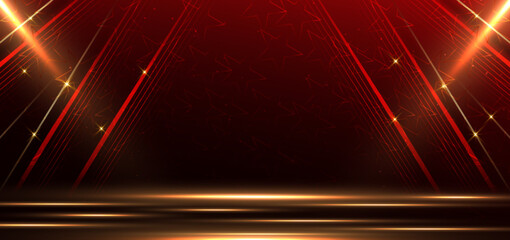 Elegant golden scene diagonal glowing with lighting effect sparkle on red background. Template premium award design.