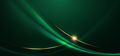 Abstract 3d gold curved green ribbon on dark green background with lighting effect and sparkle with copy space for text. Luxury design style. © Pramote