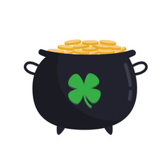 Leprechaun's cauldron with golden coins on white background. St. Patrick's Day celebration