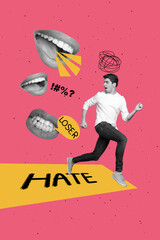 Vertical collage picture of black white gamma mini guy running away talking hateful mouth isolated...