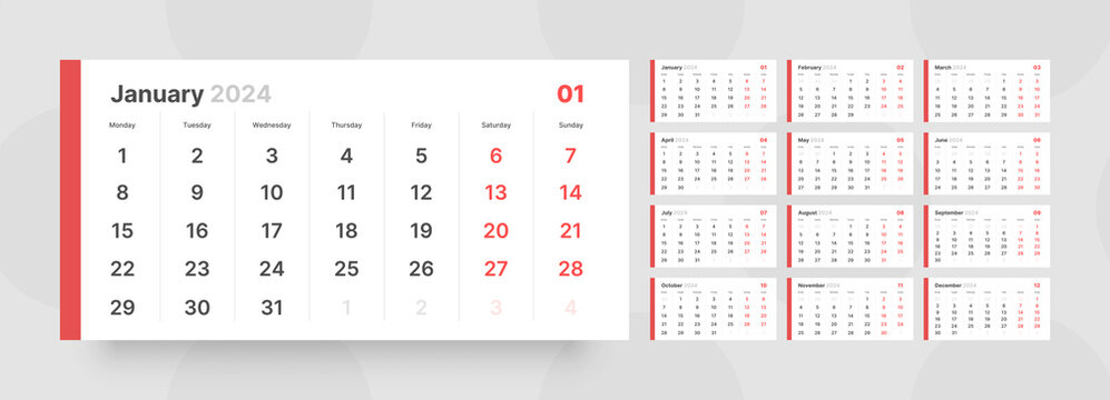 Monthly calendar template for 2024 year. Week Starts on Monday. Desk calendar in a minimalist style. 