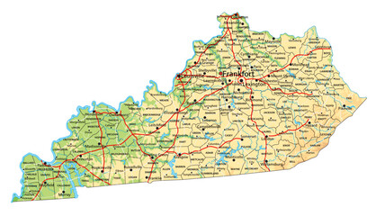 High detailed Kentucky physical map with labeling. - 562731402