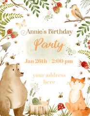 Watercolor bear, fox, bird on branch and forest elements invitation flyer template