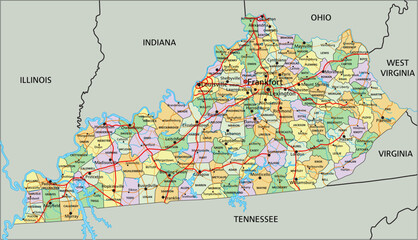 Kentucky - Highly detailed editable political map.