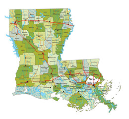 Highly detailed editable political map with separated layers. Louisiana.