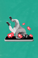 Creative digital template collage of crazy guy break dance on smart gadget touch screen increase facebook instagram youtube likes