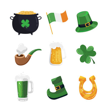 Group of symbols of St. Patrick's Day holiday on white background