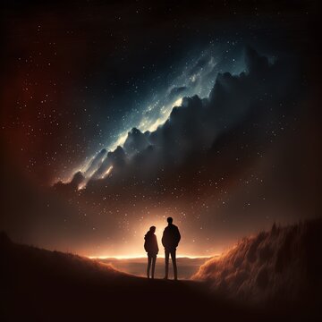 Couple Looking Up At Night Sky Created With Generative AI