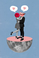 Weird banner magazine poster collage of dancing couple lady guy with kiss mouth face have formal...