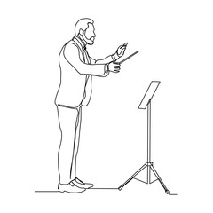 Continuous single one line art drawing of music conductor directing concert orchestra performance with stick and notes book. Vector illustration