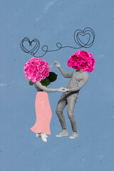 Vertical collage image of two black white gamma people hold arms dancing flowers instead head isolated on painted background - obrazy, fototapety, plakaty