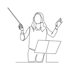 Continuous single one line art drawing of music conductor woman directing concert orchestra performance with stick and notes book. Vector illustration © MuhammadZulfan