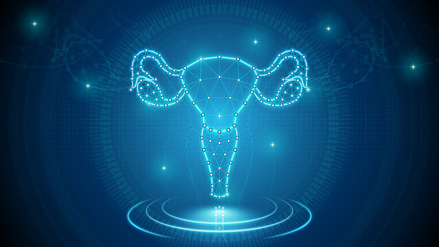 Human Organ Uterus And Ovaries 
Female Reproductive System Medical Cybernetic Part Transplant Replacement Neural Digital Hologram Neon Glow Futuristic Triangulated Polygonal Low Poly Background