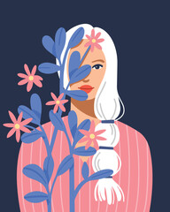 The face of woman peeks out from behind pink flowers. Fashion and beauty illustration. Natural beauty. Eco. Pink and blue palette.