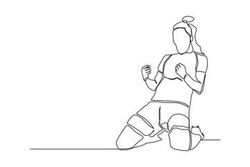 Fototapeta na wymiar Continuous single one line art drawing of football soccer player woman celebrating victory success goal on competition. Vector illustration