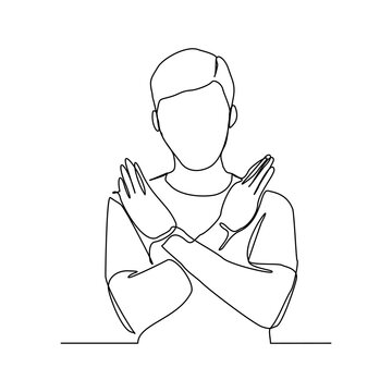 recommend clip art: Continuous single one line art drawing of man crossing hands gesture say no stop rejection ban or enough