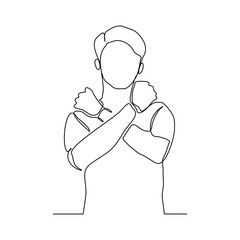 Continuous single one line art drawing of man crossing hands gesture say no stop rejection ban or enough