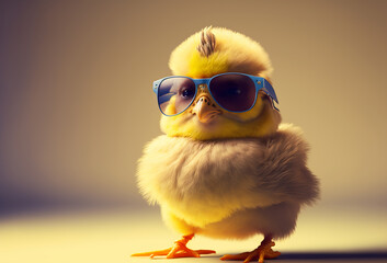 Cute spring baby chick wearing cool sunglasses. Generative ai - obrazy, fototapety, plakaty