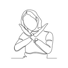 Continuous single one line art drawing of woman crossing hands gesture say no stop rejection ban or enough