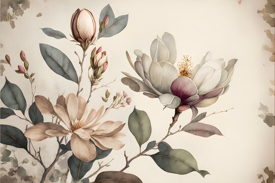 A Texture Overlay Of Watercolor Magnolia Florals On A Background, Muted Colors, Different Flower Sizes, Highly Detailed, 8K,  