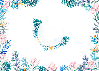 Fototapeta na wymiar Frame flowers for text. Watercolor plants template for greeting card
