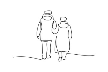 Elderly couple in continuous line art drawing style. Rear view of senior man and woman walking together holding hands. Black linear sketch isolated on white background. Vector illustration