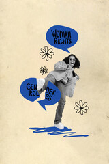 Creative motivational template collage with doodles of positive optimistic woman fight against...