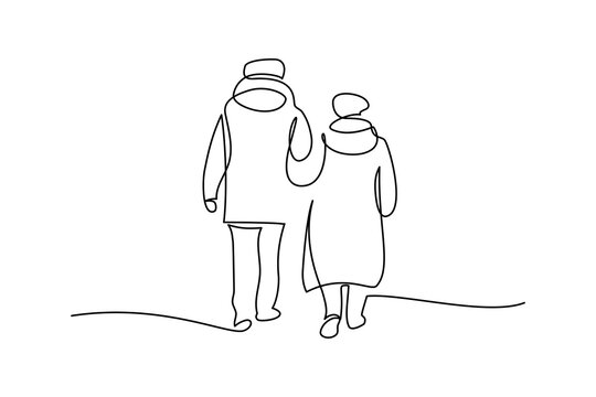Elderly couple in continuous line art drawing style. Rear view of senior man and woman walking together holding hands. Black linear sketch isolated on white background. Vector illustration