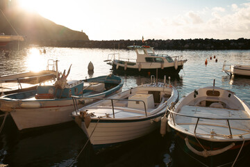 Beautiful fishing village with colourful fishermen's houses, and fishing nets, Marina Corricella on...