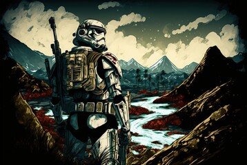 Lonely clone trooper looking at the landscape.
Digital painting style.
Generative AI. - obrazy, fototapety, plakaty