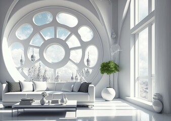 illustration ,modern futuristic white living room,image generated by AI