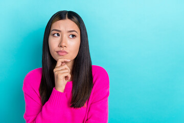 Photo of minded lady wear stylish pink clothes hand chin look empty space dilemma decision solve...
