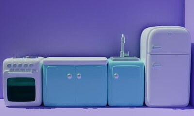 Cute kitchen in cartoon style. 3d rendering
