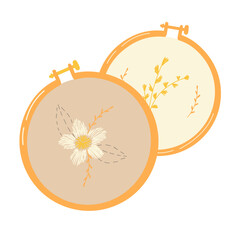 Needlepoint cross-stitch. Embroidery hoops with stitched flower floral ornament.