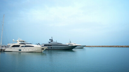 Fototapeta na wymiar Casa de Campo Marina, Dominican Republic Marina with many luxury yachts moored in rows