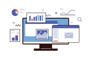 business, analysis, management, marketing, development, infographic on monitor computer flat vector illustration.