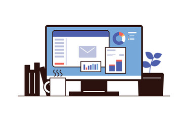 monitor, coffee, plant and book in workplace business computer flat vector illustration.