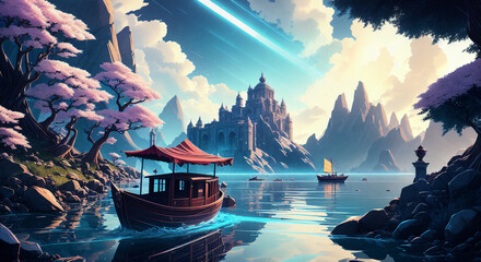 Obraz premium [Generative AI] A Boat in a peaceful lake with a castle behind