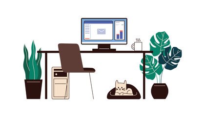 Computer, monitor, furniture, cup, plant and cat in home office. Workspace flat vector illustration.