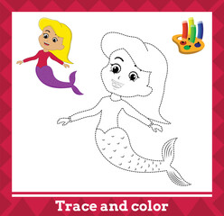 Trace and color for kids, mermaid no 9 vector illustration.
