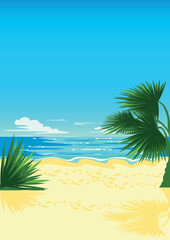 Fototapeta na wymiar Tropical beach with palm tree and shining sea for screensaver, banner or poster. Summer vacation by the sea vector vertical background