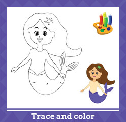 Trace and color for kids, mermaid no 7 vector illustration.